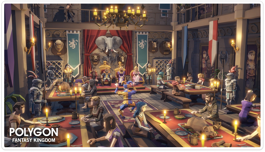 Tavern interior with red banners